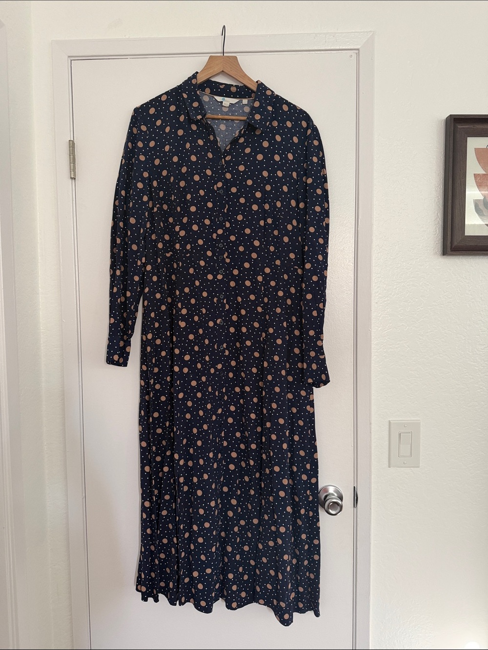 Boden Navy Long-Sleeve Dress with Tan Polka Dots